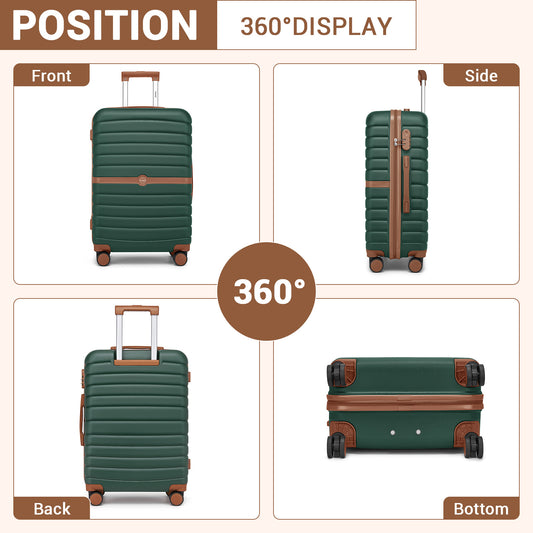 Kono ABS+PC Striped Design with Colour-Block Details Cabin Suitcase with Silent Spinner Wheels (KSK2592) - Dark Green & Brown
