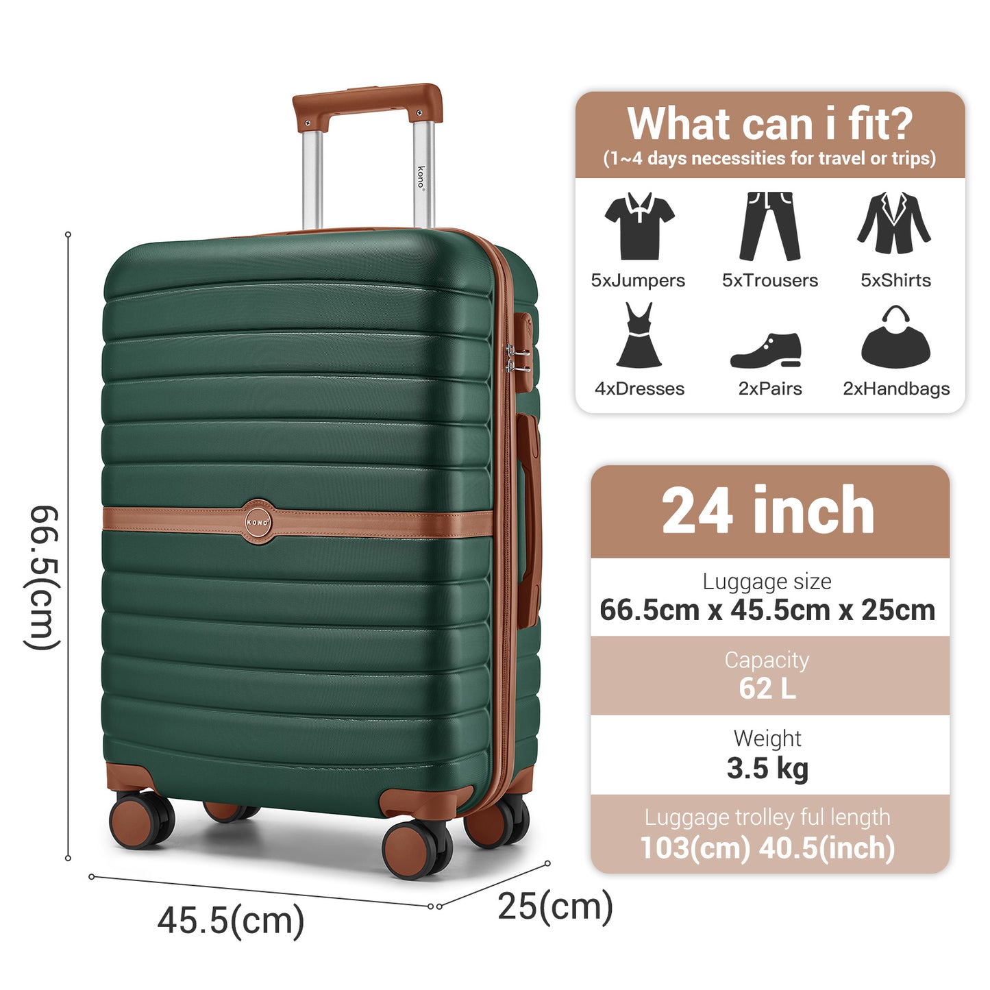 Kono ABS+PC Striped Design with Colour-Block Details Cabin Suitcase with Silent Spinner Wheels (KSK2592) - Dark Green & Brown