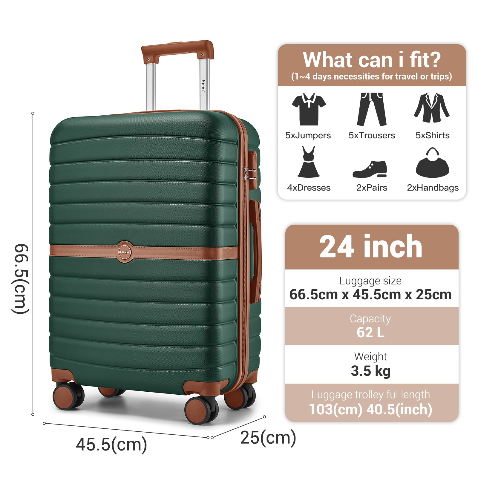 Kono ABS+PC Striped Design with Colour-Block Details Cabin Suitcase with Silent Spinner Wheels (KSK2592) - Dark Green & Brown
