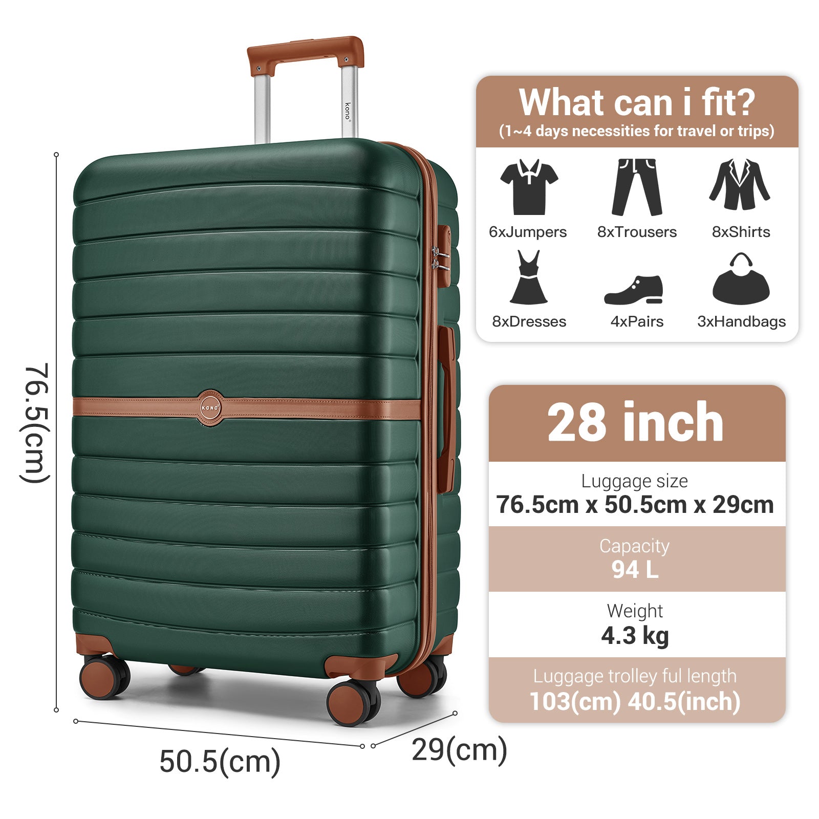 Kono ABS+PC Striped Design with Colour-Block Details Cabin Suitcase with Silent Spinner Wheels (KSK2592) - Dark Green & Brown