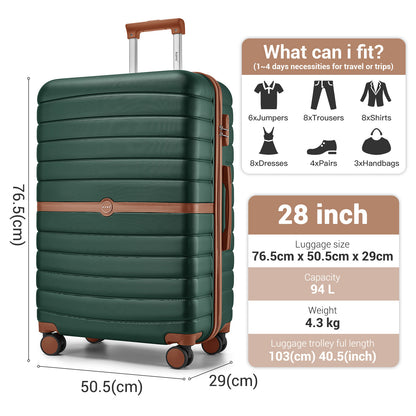 Kono ABS+PC Striped Design with Colour-Block Details Cabin Suitcase with Silent Spinner Wheels (KSK2592) - Dark Green & Brown