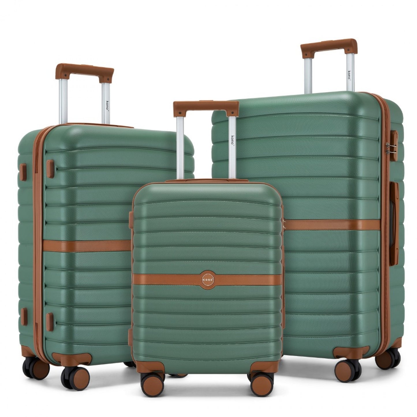 Kono ABS+PC Striped Design with Colour-Block Details 3-Piece Hardshell Luggage Set with Spinner Wheels (KSK2592) - Green & Brown