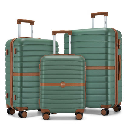 Kono ABS+PC Striped Design with Colour-Block Details 3-Piece Hardshell Luggage Set with Spinner Wheels (KSK2592) - Green & Brown