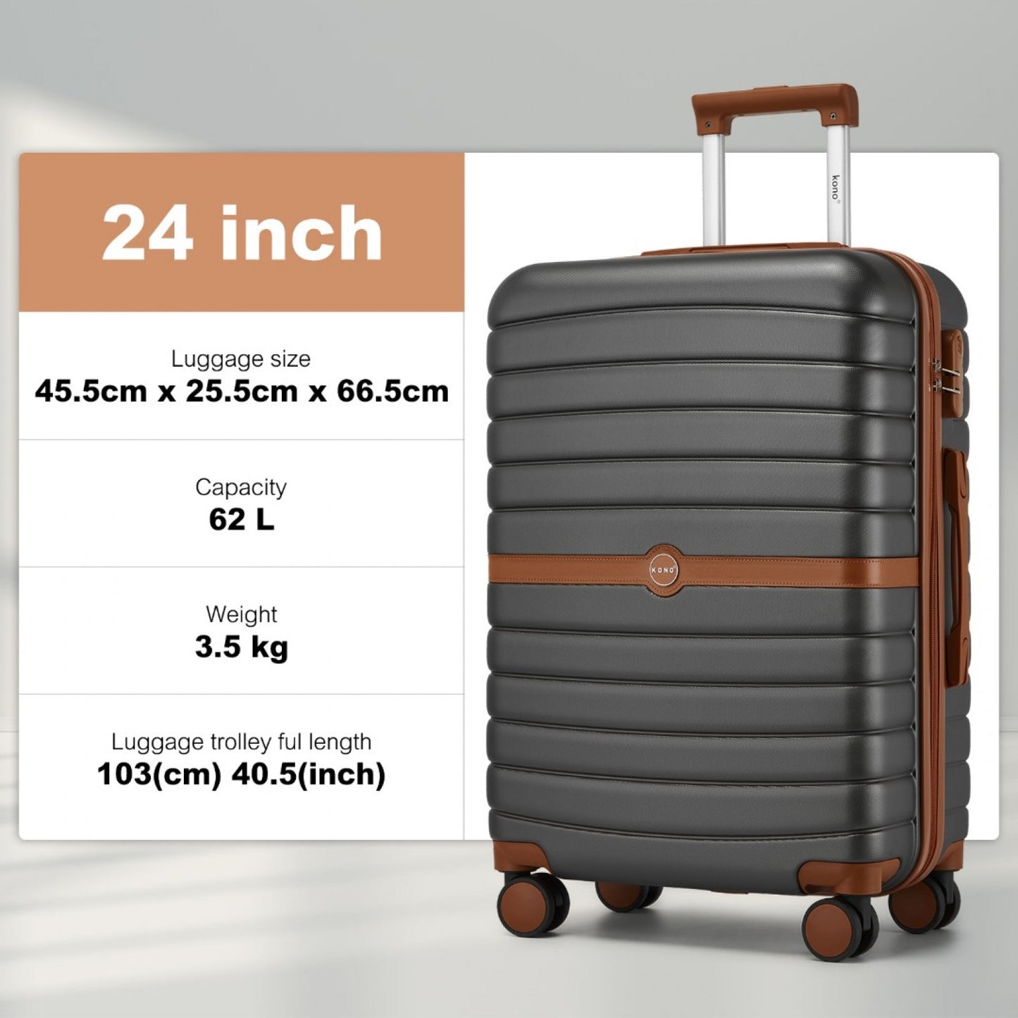 Kono ABS+PC Striped Design with Colour-Block Details Cabin Suitcase with Silent Spinner Wheels (KSK2592) - Grey & Brown