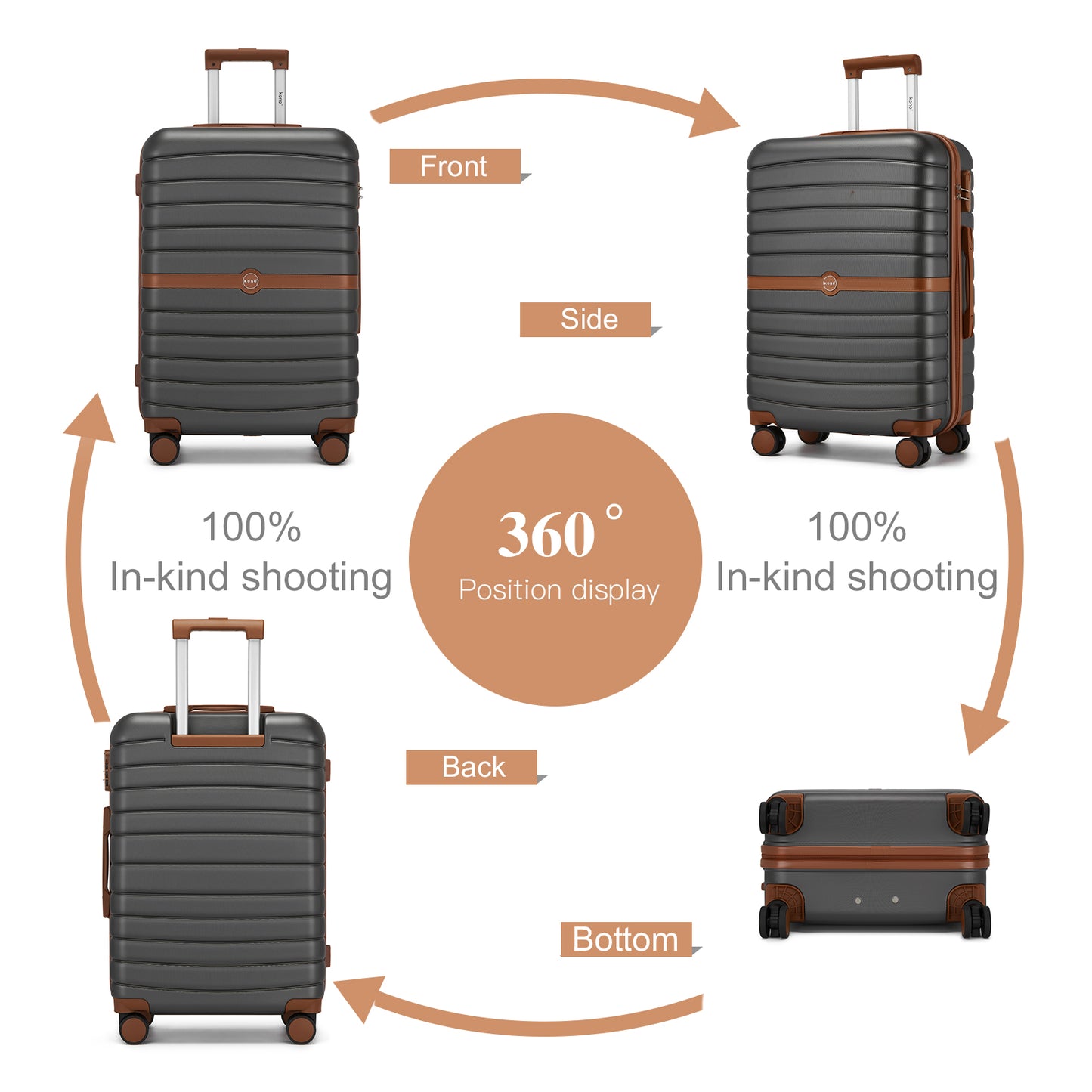 Kono ABS+PC Striped Design with Colour-Block Details Cabin Suitcase with Silent Spinner Wheels (KSK2592) - Grey & Brown