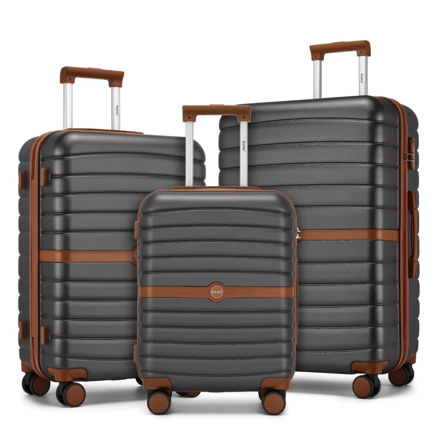 Kono ABS+PC Striped Design with Colour-Block Details 3-Piece Hardshell Luggage Set with Spinner Wheels (KSK2592) - Grey & Brown