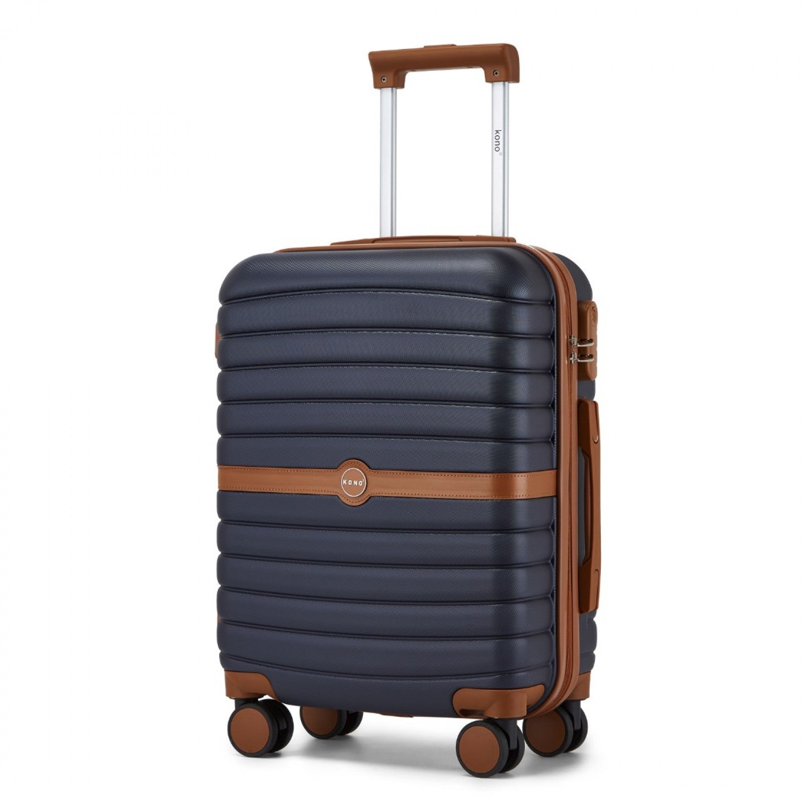 Kono ABS+PC Striped Design with Colour-Block Details Cabin Suitcase with Silent Spinner Wheels (KSK2592) - Navy & Brown