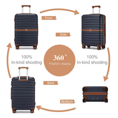 Kono ABS+PC Striped Design with Colour-Block Details Cabin Suitcase with Silent Spinner Wheels (KSK2592) - Navy & Brown