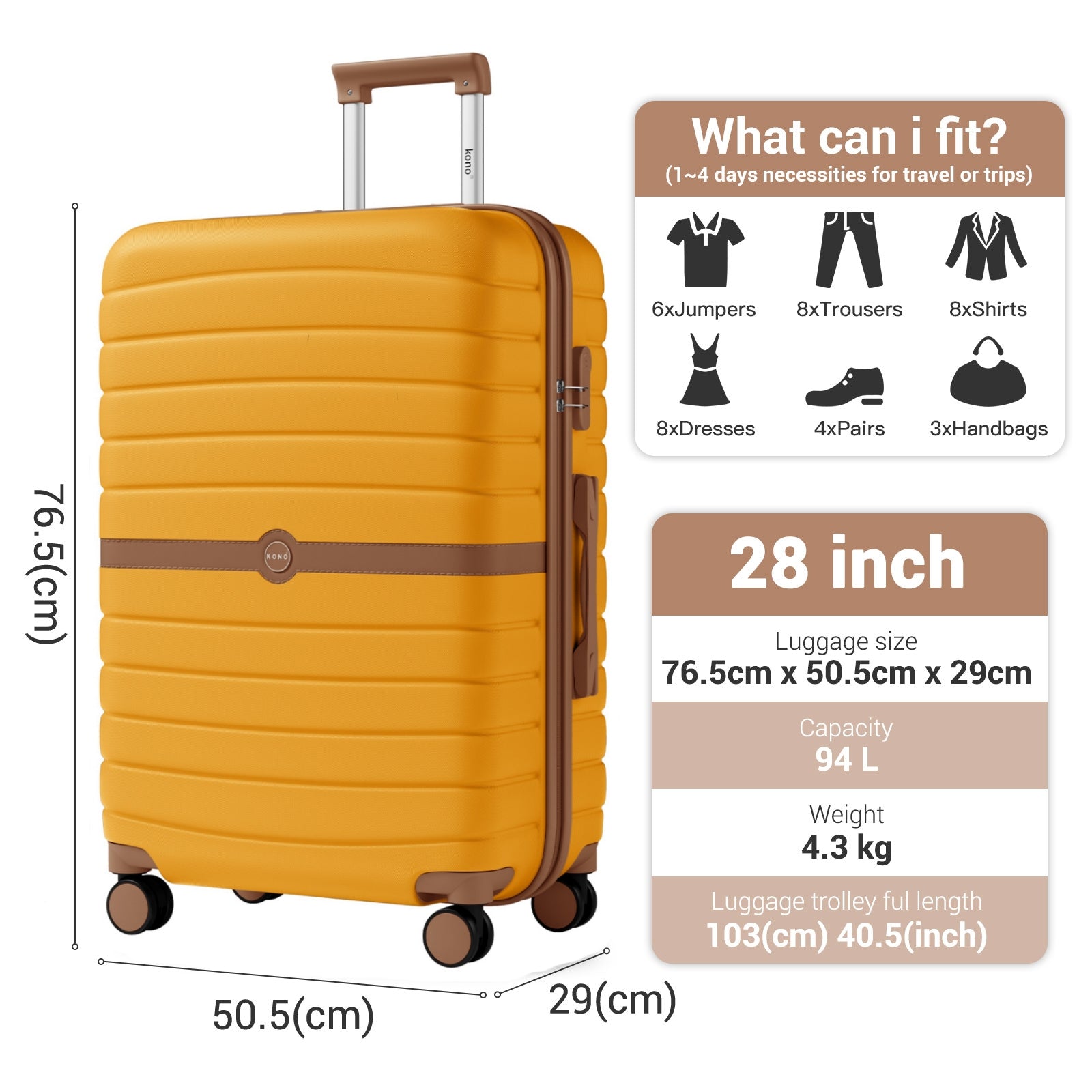 Kono ABS+PC Striped Design with Colour-Block Details Cabin Suitcase with Silent Spinner Wheels (KSK2592) - Yellow & Brown