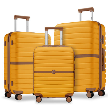 Kono ABS+PC Striped Design with Colour-Block Details 3-Piece Hardshell Luggage Set with Spinner Wheels (KSK2592) - Yellow & Brown