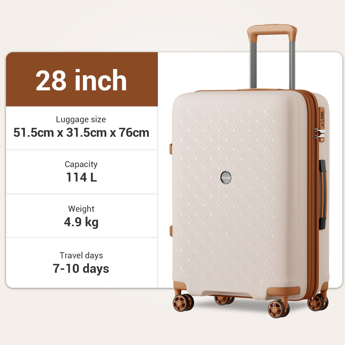 Kono PP Hard Shell Expandable Luggage-Lightweight Suitcase with TSA Lock & Built-in Cup Holder (KSK2594) - Beige & Brown
