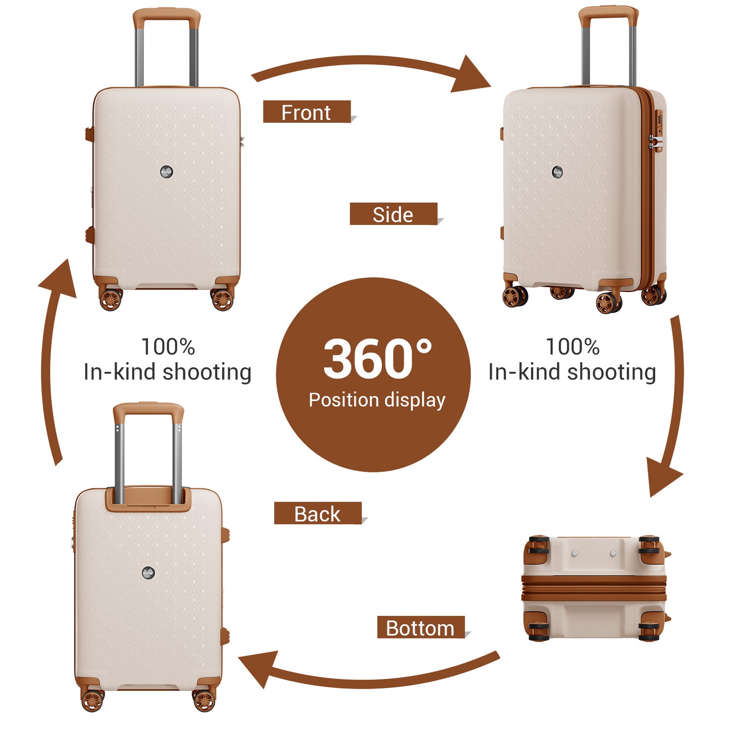 Kono PP Hard Shell Expandable Luggage-Lightweight Suitcase with TSA Lock & Built-in Cup Holder (KSK2594) - Beige & Brown
