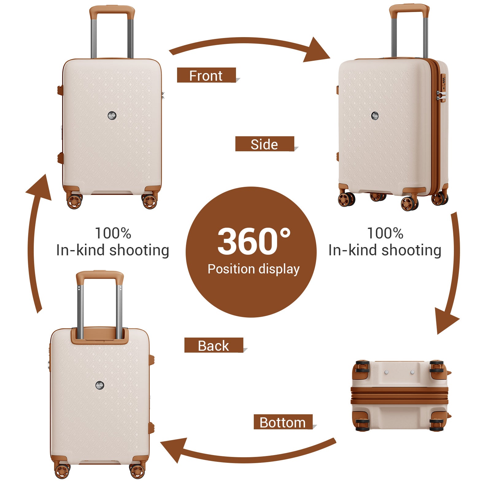 Kono PP Hard Shell Expandable Luggage-Lightweight Suitcase with TSA Lock & Built-in Cup Holder (KSK2594) - Beige & Brown