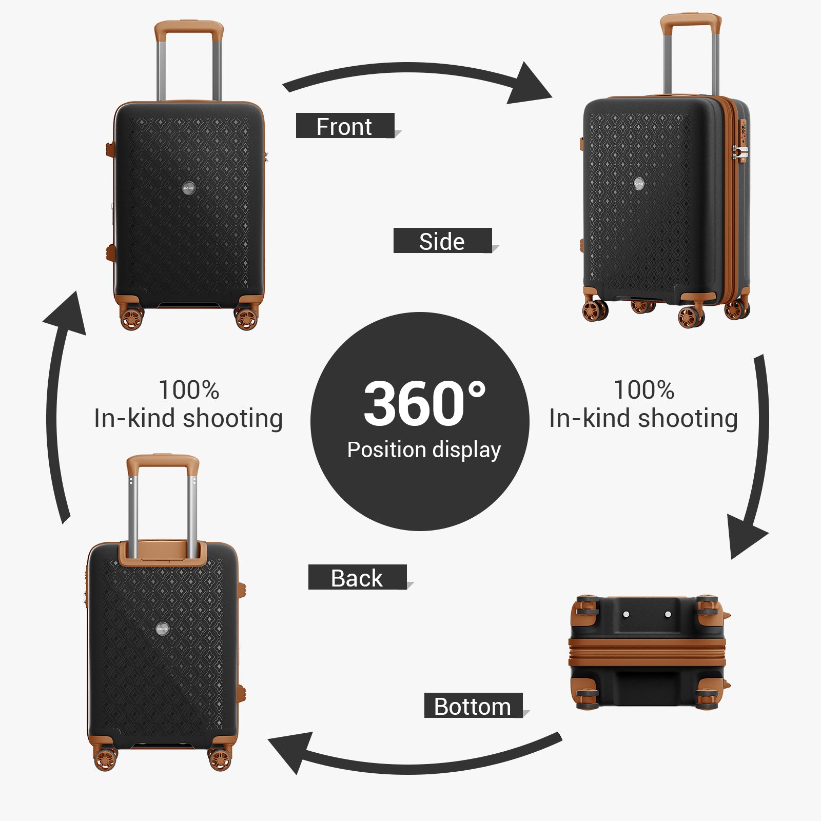 Kono PP Hard Shell Expandable Luggage-Lightweight Suitcase with TSA Lock & Built-in Cup Holder (KSK2594) - Black & Brown