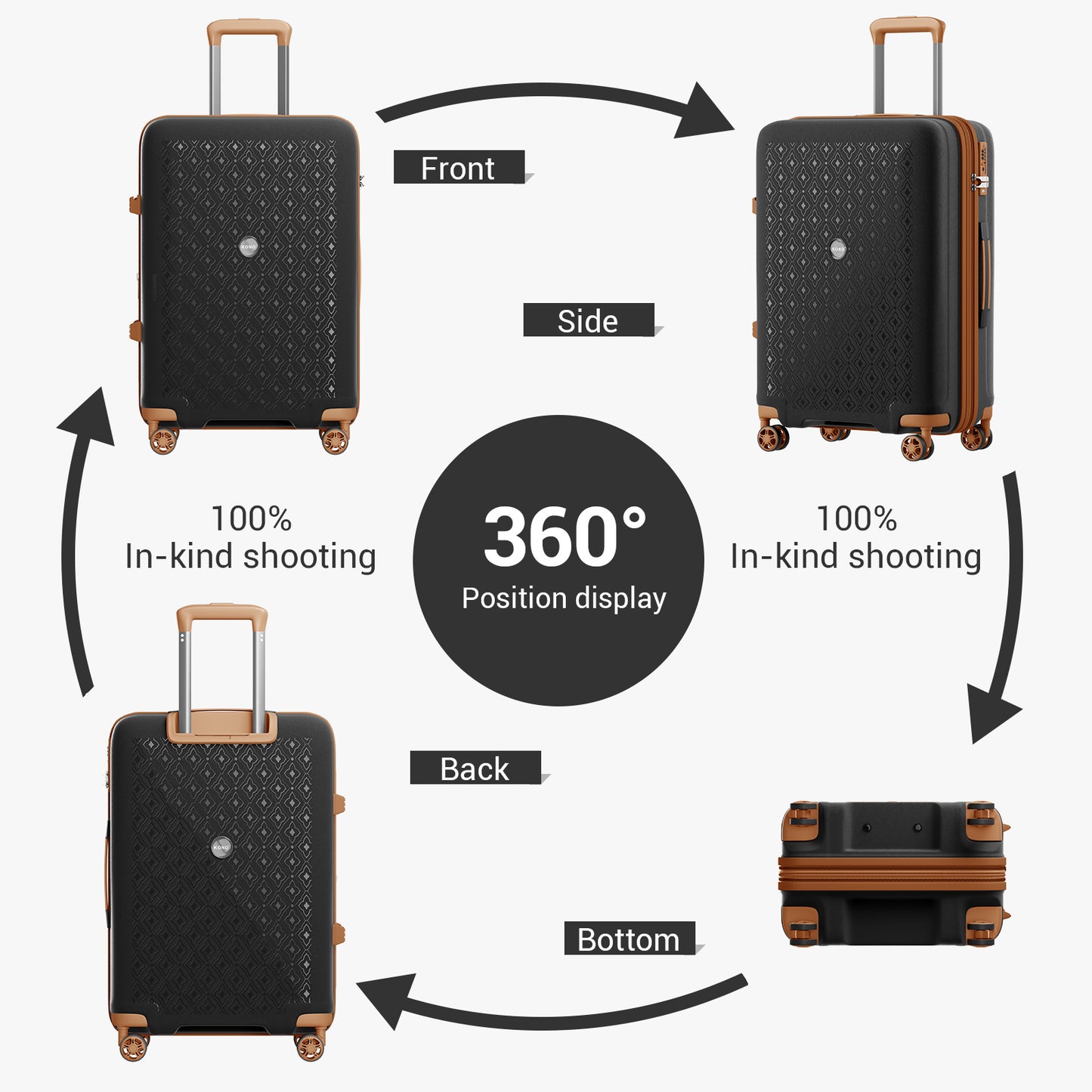 Kono PP Hard Shell Expandable Luggage-Lightweight Suitcase with TSA Lock & Built-in Cup Holder (KSK2594) - Black & Brown