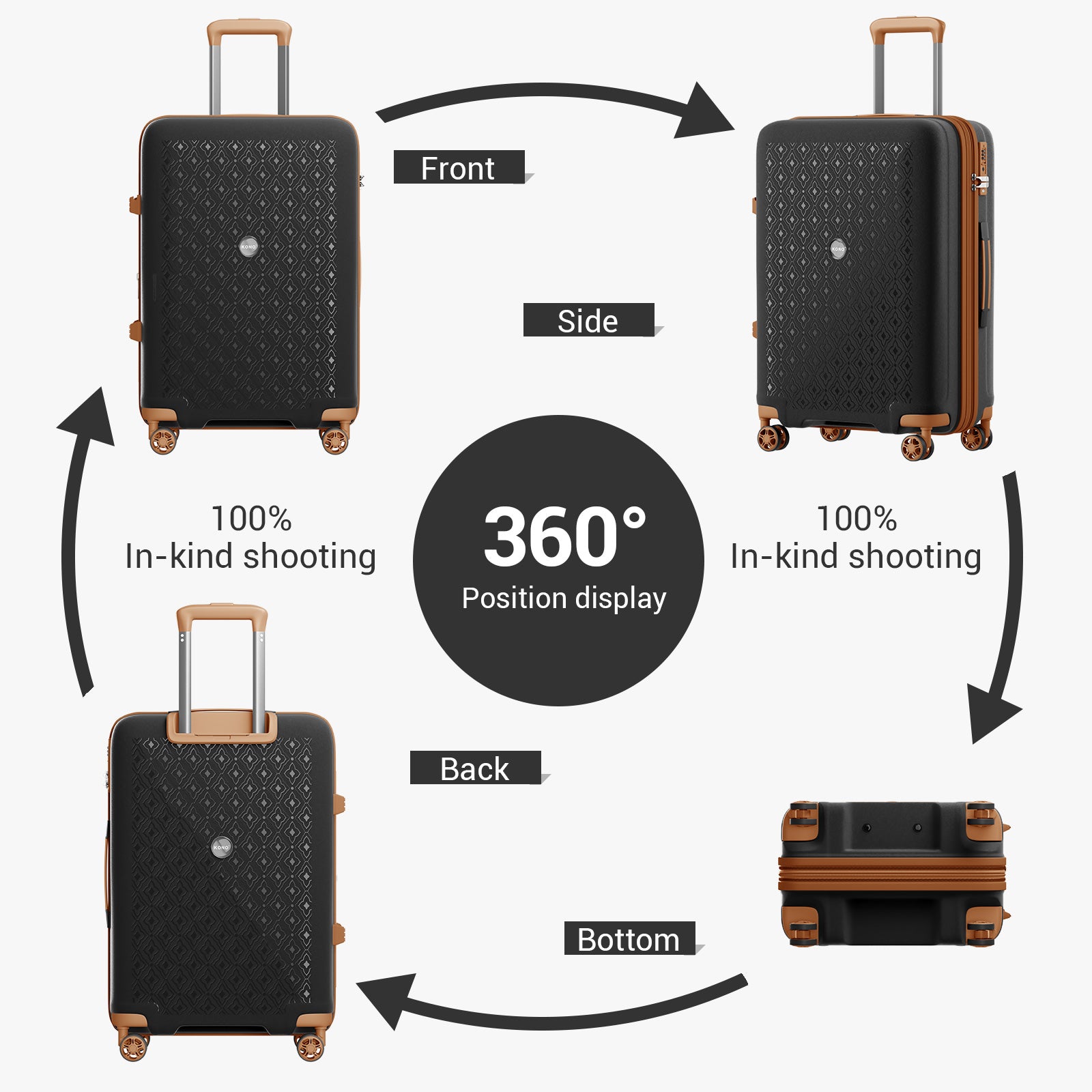 Kono PP 20/24/28inch Hard Shell Expandable Luggage–Lightweight Suitcase with TSA Lock & Built-in Cup Holder (KSK2594) - Black & Brown