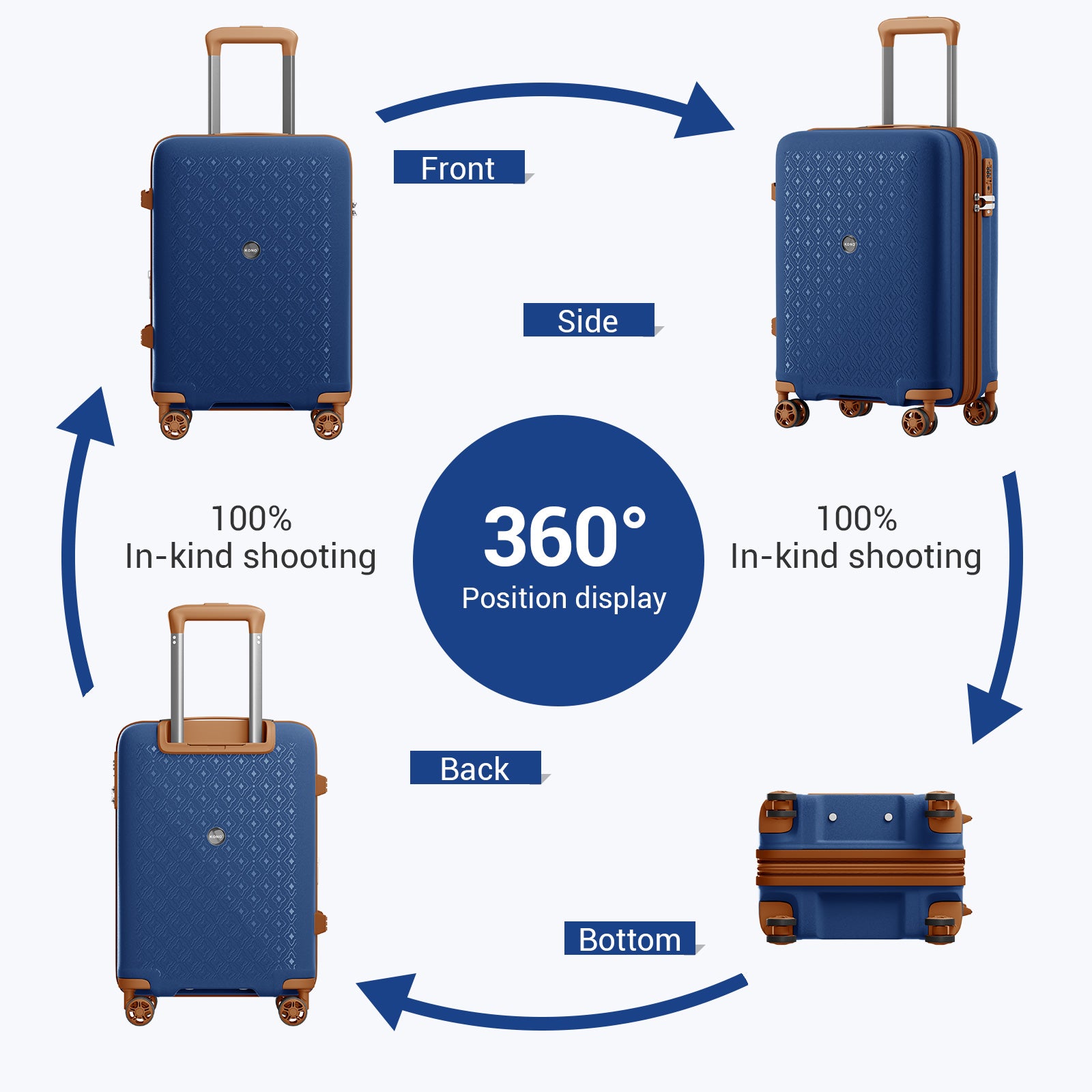Kono PP Hard Shell Expandable Luggage-Lightweight Suitcase with TSA Lock & Built-in Cup Holder (KSK2594) - Navy & Brown