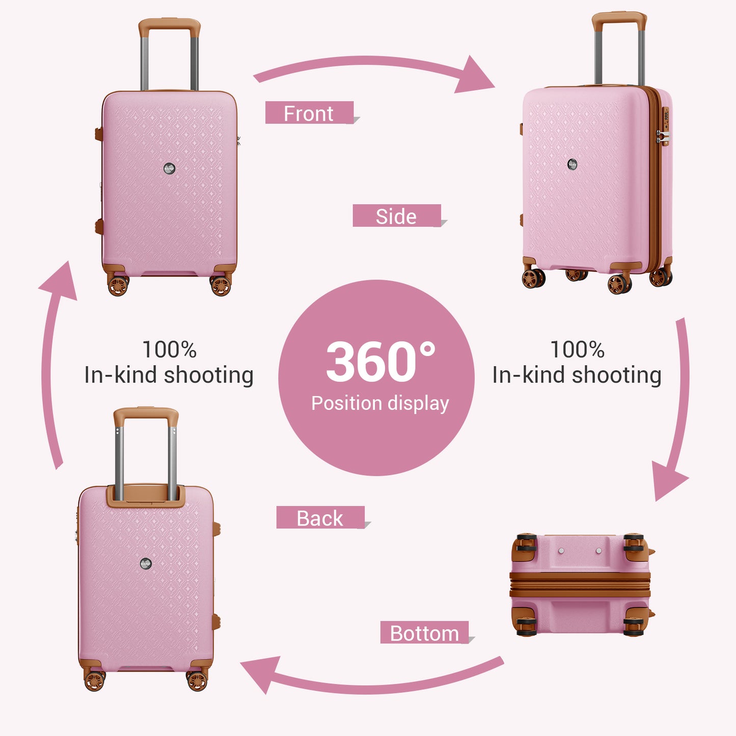Kono PP Hard Shell Expandable Luggage-Lightweight Suitcase with TSA Lock & Built-in Cup Holder (KSK2594) - Pink & Brown