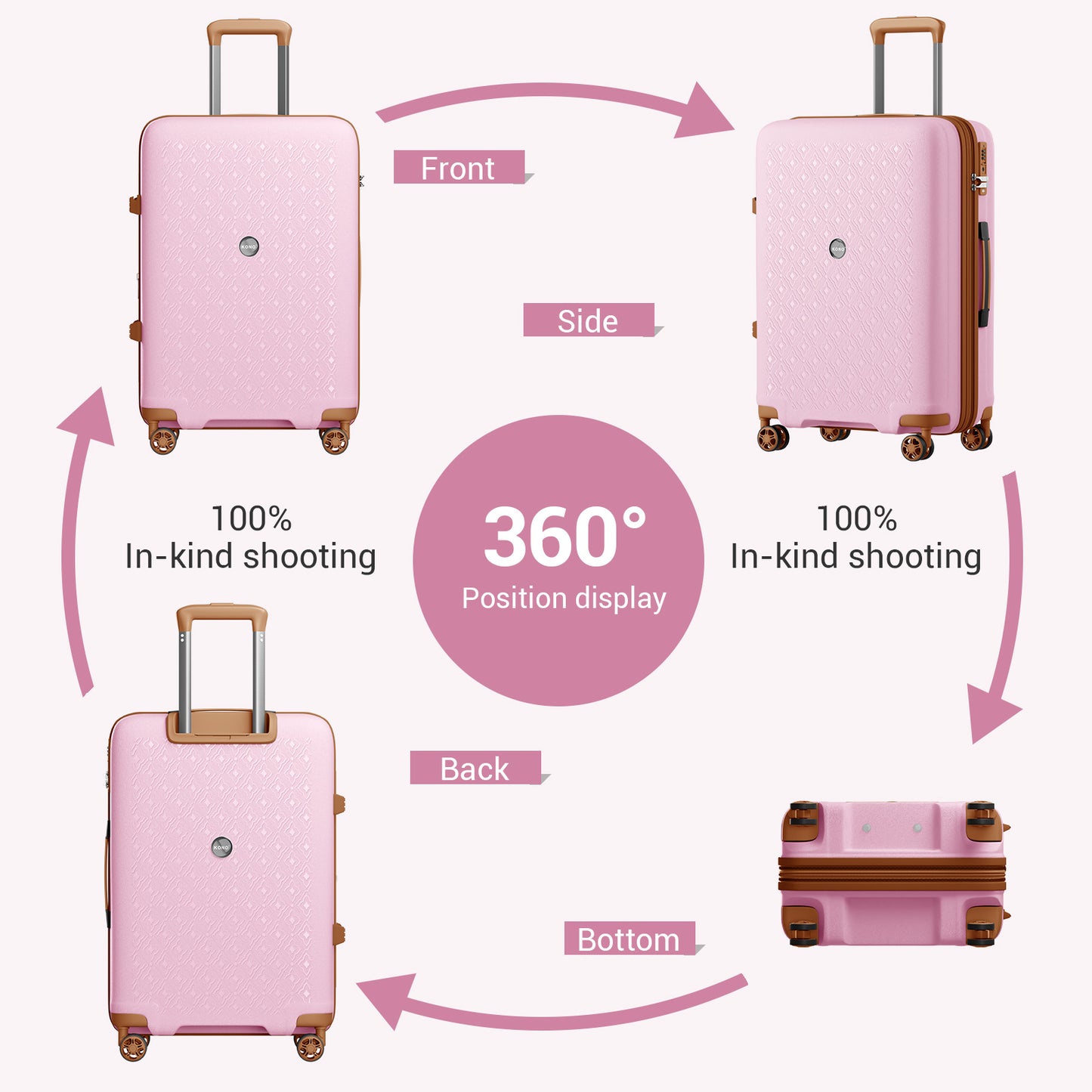Kono PP Hard Shell Expandable Luggage-Lightweight Suitcase with TSA Lock & Built-in Cup Holder (KSK2594) - Pink & Brown