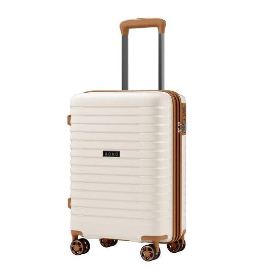 Kono Hard Shell Scratch-Resistant PP Luggage with Cup Holder, TSA Lock & Expandable Design-Cabin Trolley For Travel (KSK2595) - Beige & Brown