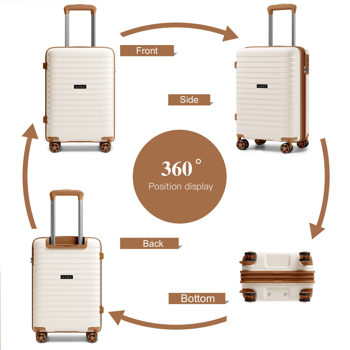 Kono Hard Shell Scratch-Resistant PP Luggage with Cup Holder, TSA Lock & Expandable Design-Cabin Trolley For Travel (KSK2595) - Beige & Brown
