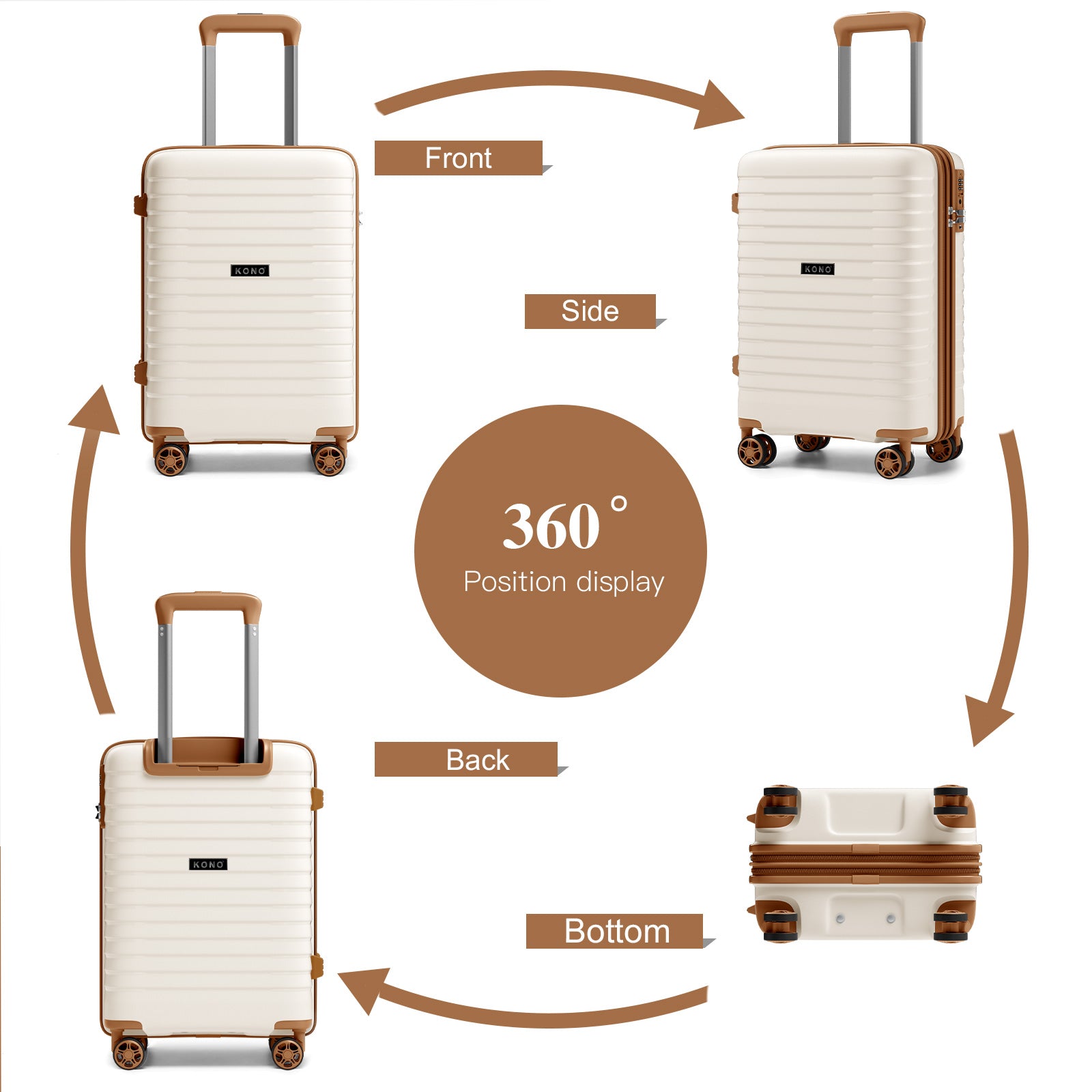 Kono Hard Shell Scratch-Resistant PP Luggage with Cup Holder, TSA Lock & Expandable Design-Cabin Trolley For Travel (KSK2595) - Beige & Brown
