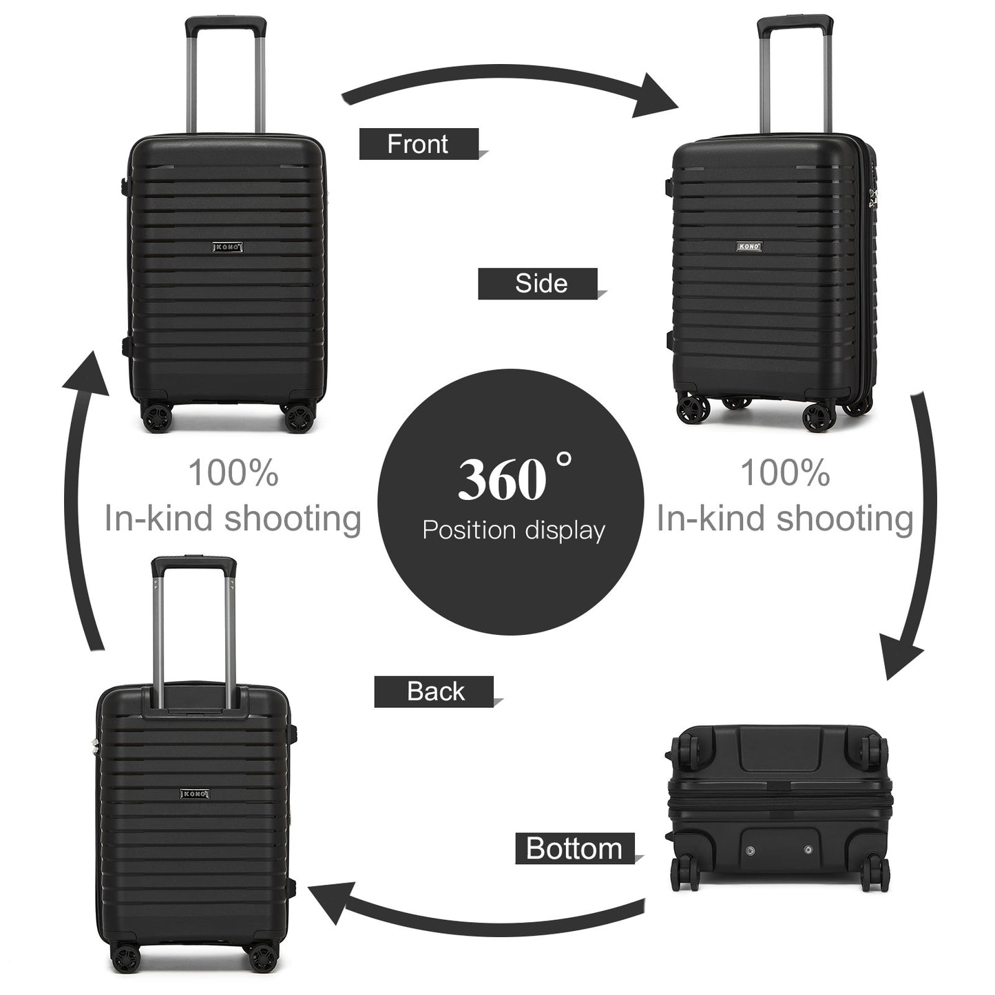 Kono Hard Shell Scratch-Resistant PP Luggage with Cup Holder, TSA Lock & Expandable Design-Cabin Trolley For Travel (KSK2595) - Black
