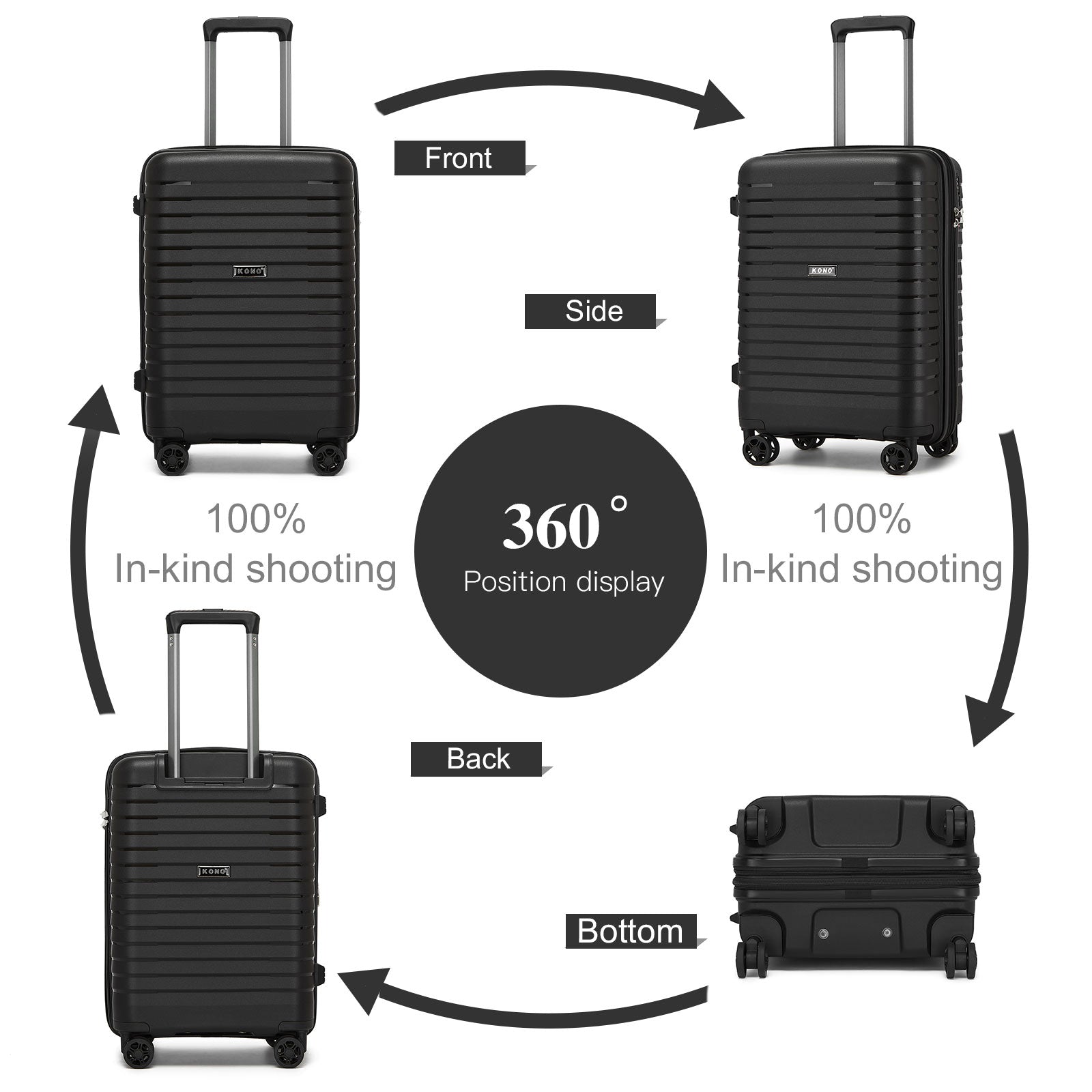 Kono Hard Shell Scratch-Resistant PP Luggage with Cup Holder, TSA Lock & Expandable Design-Cabin Trolley For Travel (KSK2595) - Black