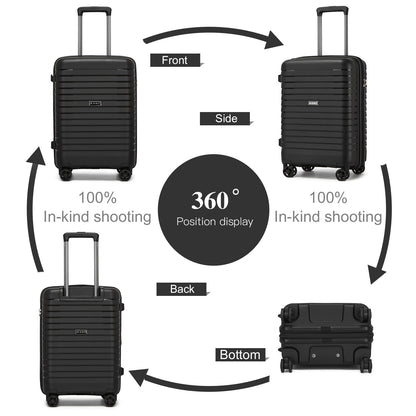 Kono Hard Shell Scratch-Resistant PP Luggage with Cup Holder, TSA Lock & Expandable Design-Cabin Trolley For Travel (KSK2595) - Black