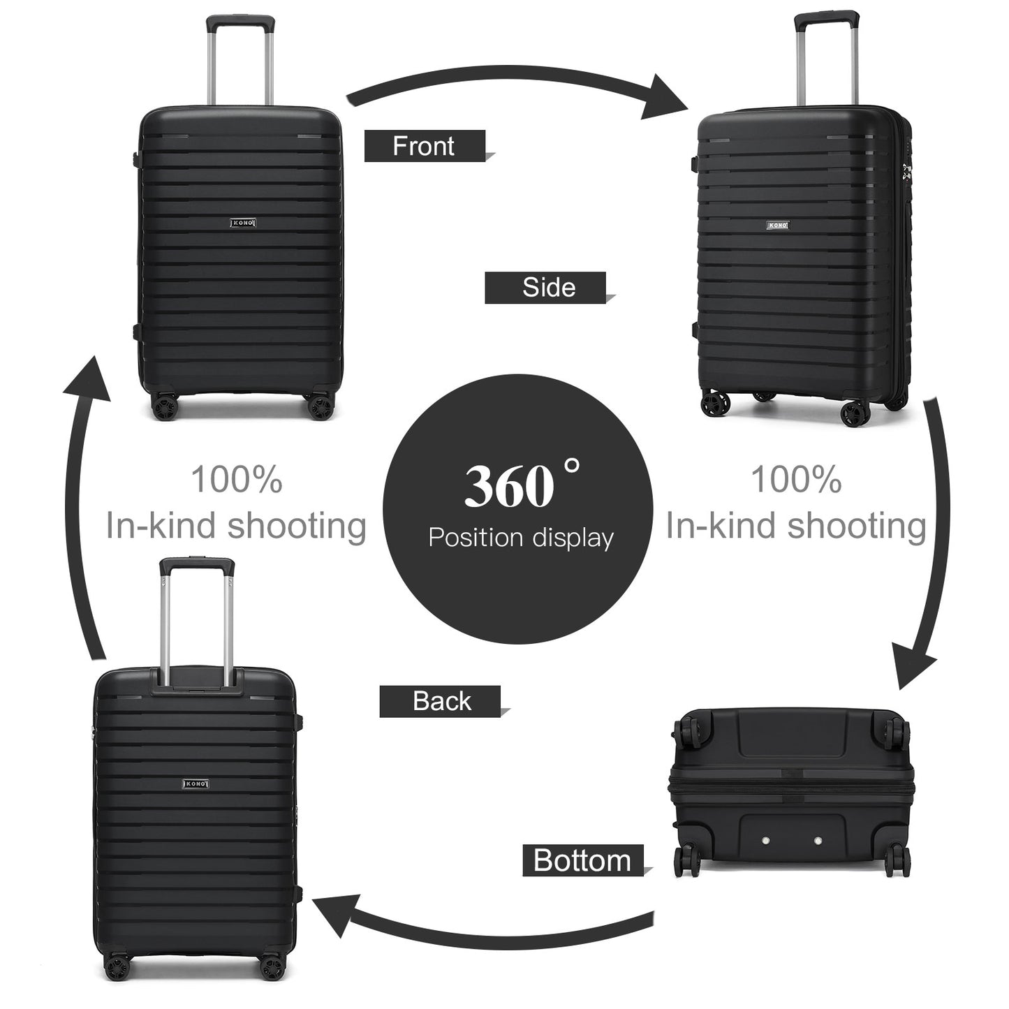 Kono Hard Shell Scratch-Resistant PP Luggage with Cup Holder, TSA Lock & Expandable Design-Cabin Trolley For Travel (KSK2595) - Black
