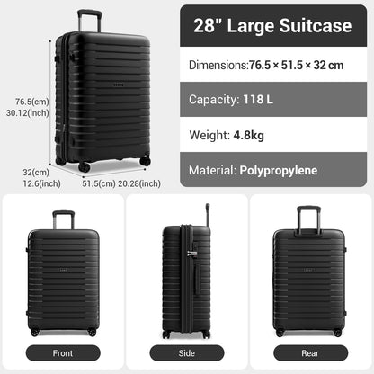 Kono Hard Shell Scratch-Resistant PP Luggage with Cup Holder, TSA Lock & Expandable Design-Cabin Trolley For Travel (KSK2595) - Black