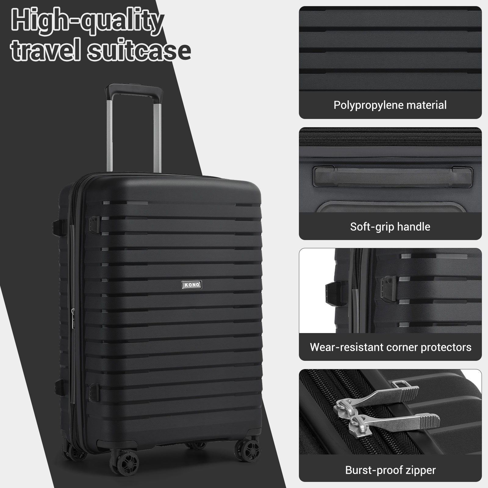 Kono Hard Shell Scratch-Resistant PP Luggage with Cup Holder, TSA Lock & Expandable Design-Cabin Trolley For Travel (KSK2595) - Black