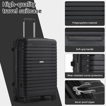 Kono Hard Shell Scratch-Resistant PP Luggage with Cup Holder, TSA Lock & Expandable Design-Cabin Trolley For Travel (KSK2595) - Black