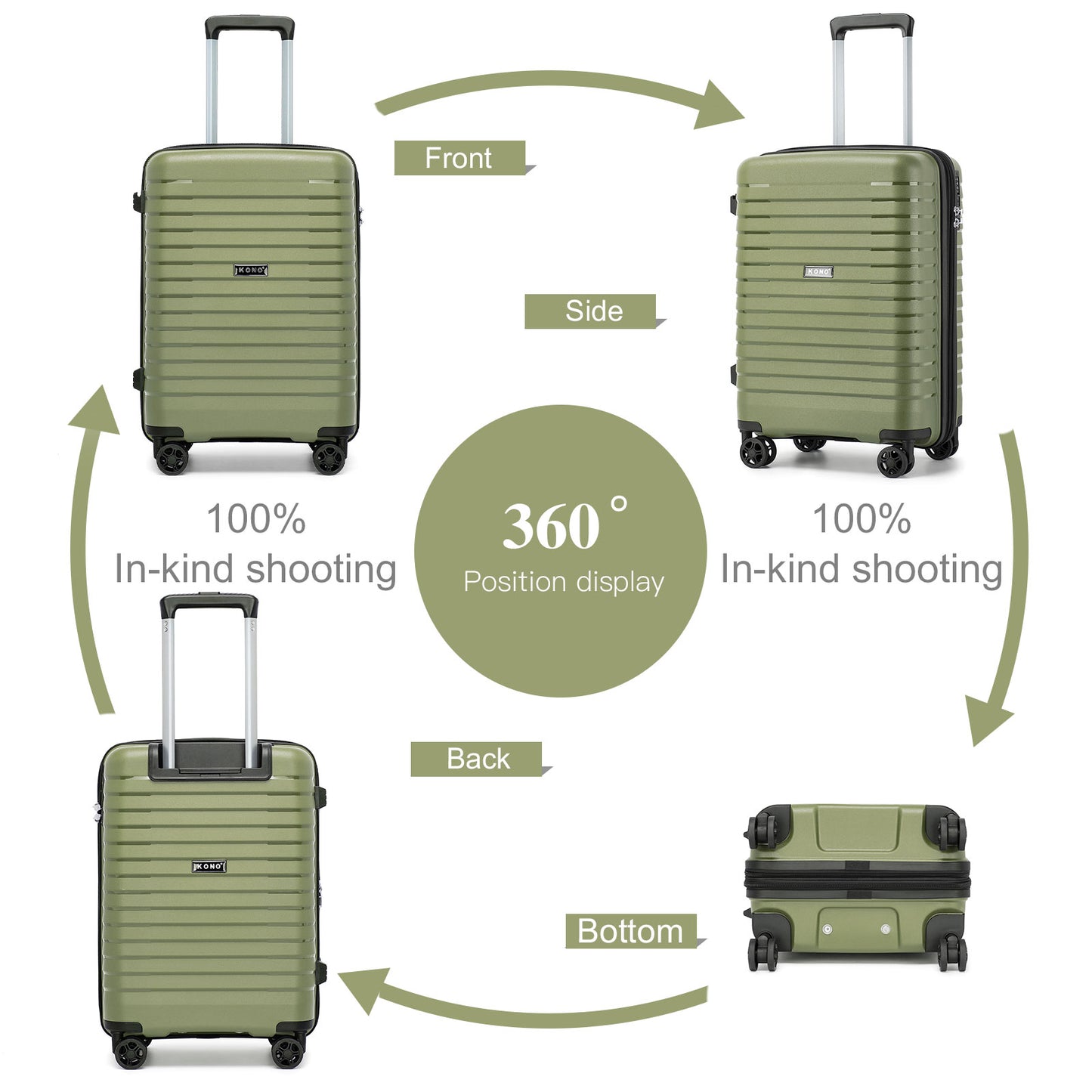 Kono Hard Shell Scratch-Resistant PP Luggage with Cup Holder, TSA Lock & Expandable Design-Cabin Trolley For Travel (KSK2595) - Green