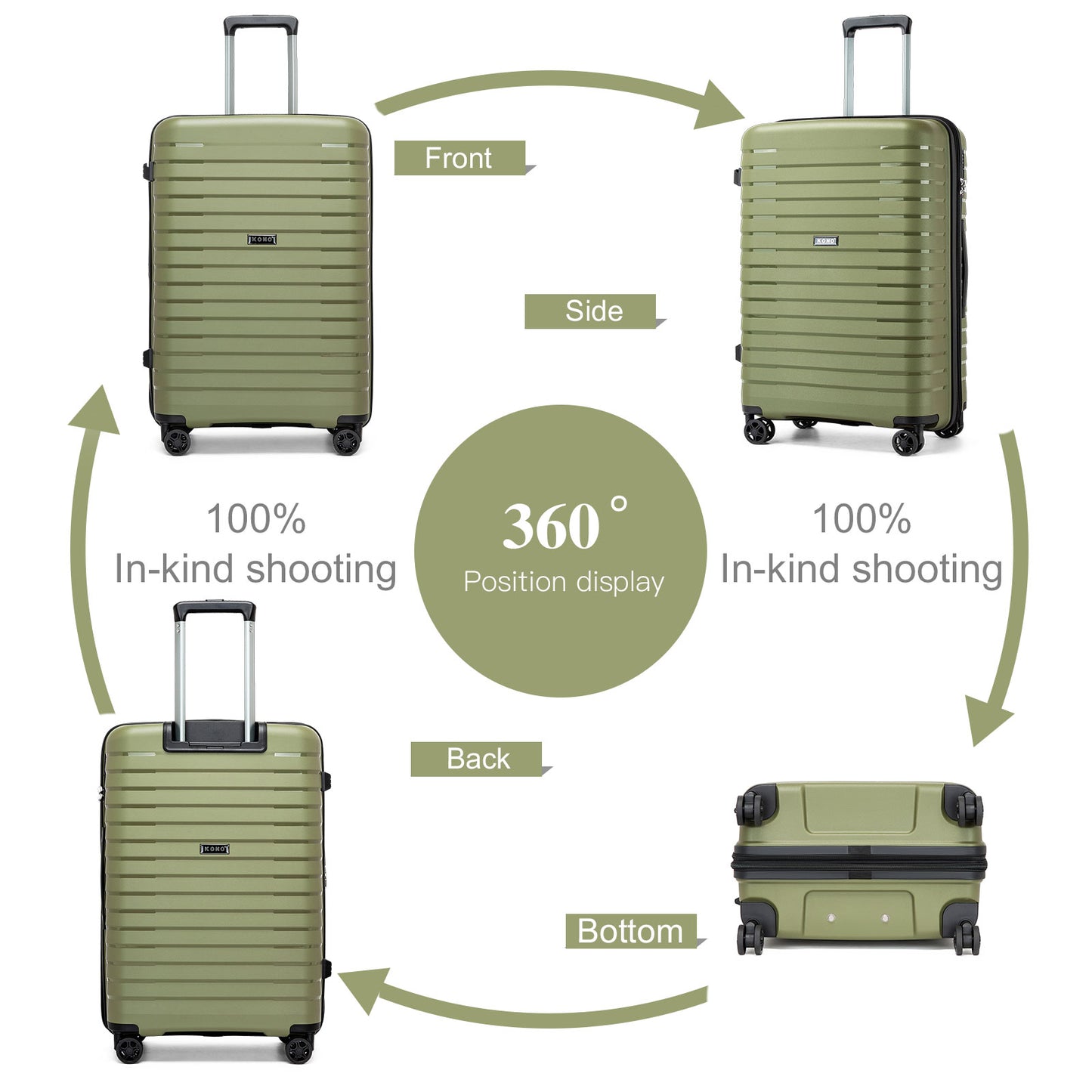 Kono Hard Shell Scratch-Resistant PP Luggage with Cup Holder, TSA Lock & Expandable Design-Cabin Trolley For Travel (KSK2595) - Green