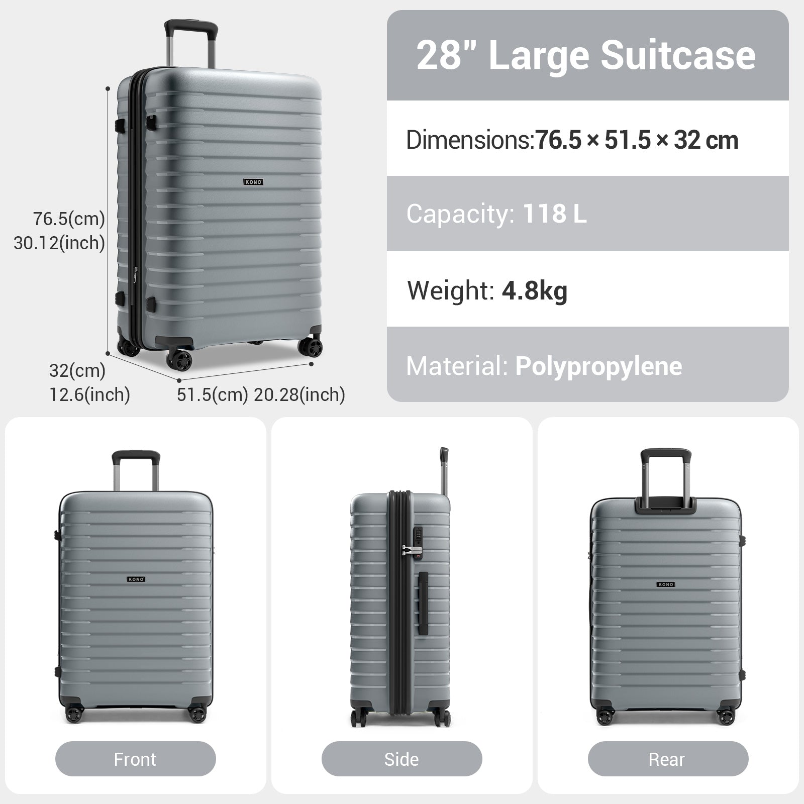 Kono Hard Shell Scratch-Resistant PP Luggage with Cup Holder, TSA Lock & Expandable Design-Cabin Trolley For Travel (KSK2595) - Grey