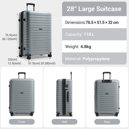 Kono Hard Shell Scratch-Resistant PP Luggage with Cup Holder, TSA Lock & Expandable Design-Cabin Trolley For Travel (KSK2595) - Grey