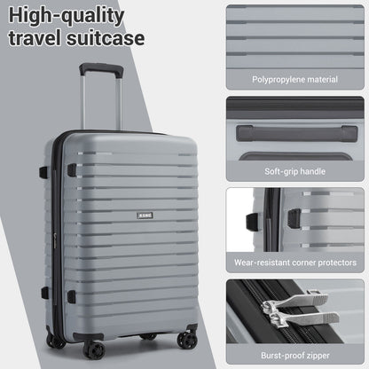 Kono Hard Shell Scratch-Resistant PP Luggage with Cup Holder, TSA Lock & Expandable Design-Cabin Trolley For Travel (KSK2595) - Grey
