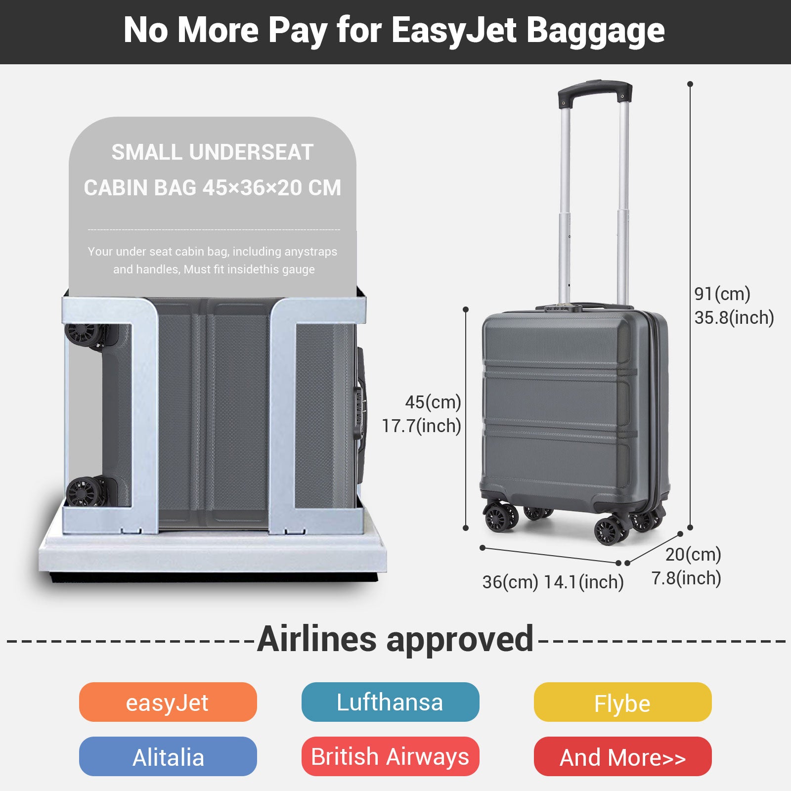 ABS Hard Shell Under-Seat Cabin Suitcase with Spinner Wheels – Grey