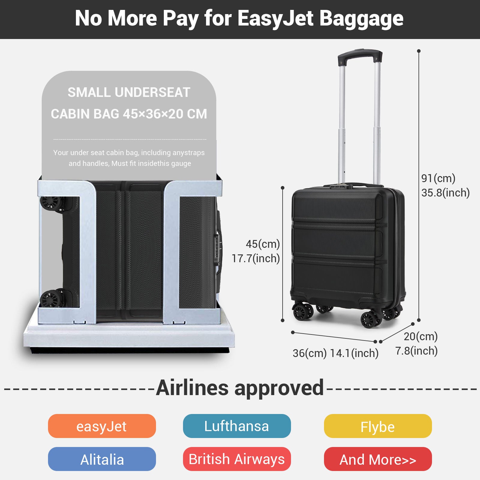 ABS Hard Shell Under-Seat Cabin Suitcase with Spinner Wheels – Black