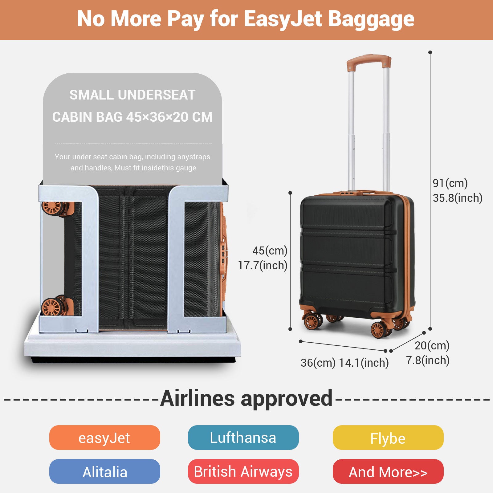 ABS Hard Shell Under-Seat Cabin Suitcase with Spinner Wheels – Black