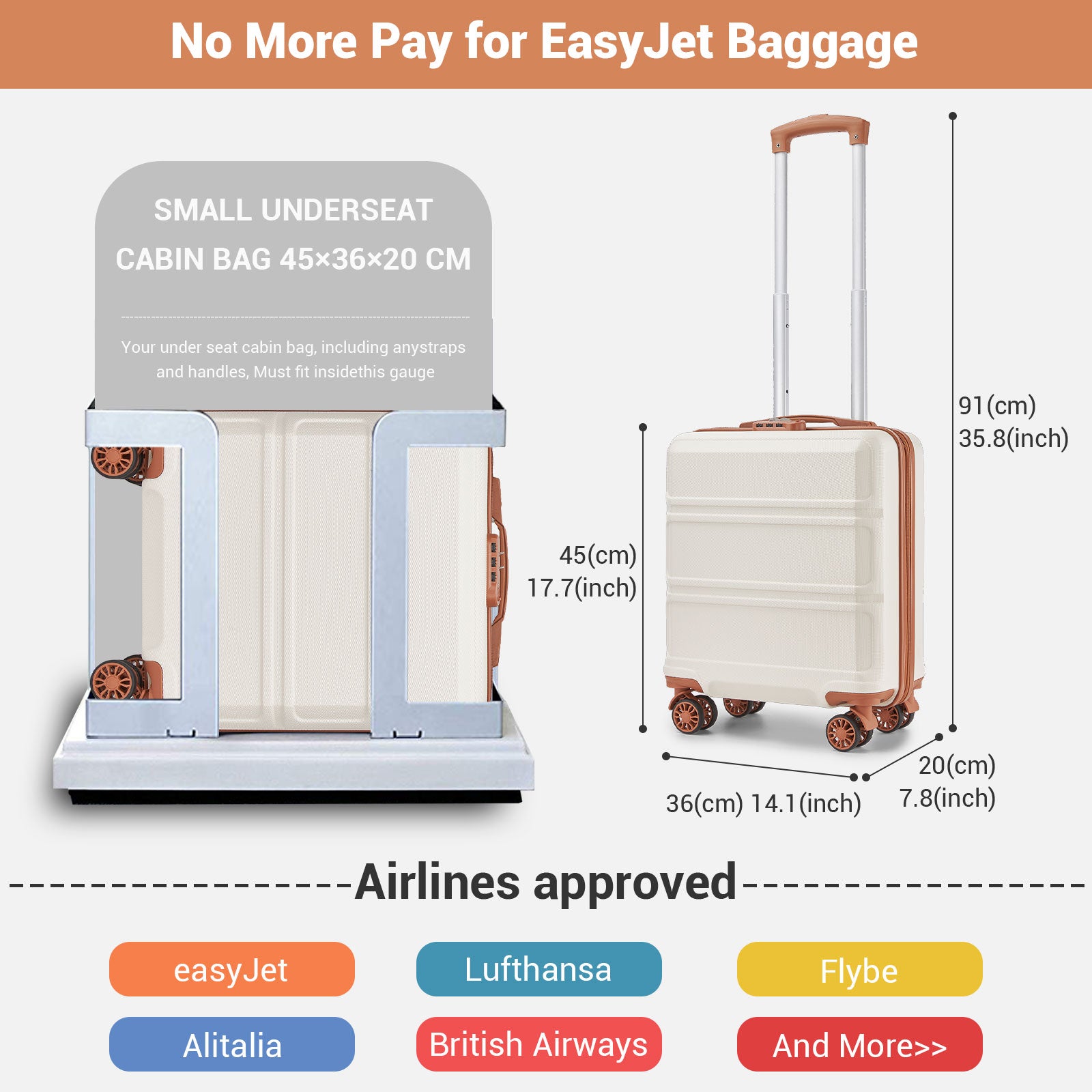 ABS Hard Shell Under-Seat Cabin Suitcase with Spinner Wheels – Cream & Brown