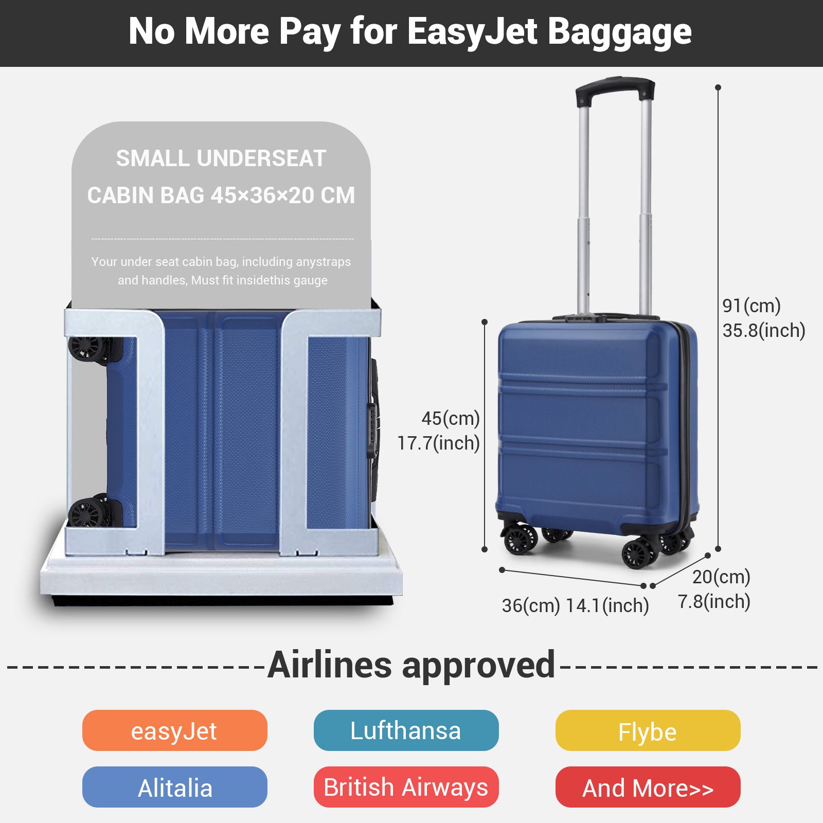 ABS Hard Shell Under-Seat Cabin Suitcase with Spinner Wheels – Navy