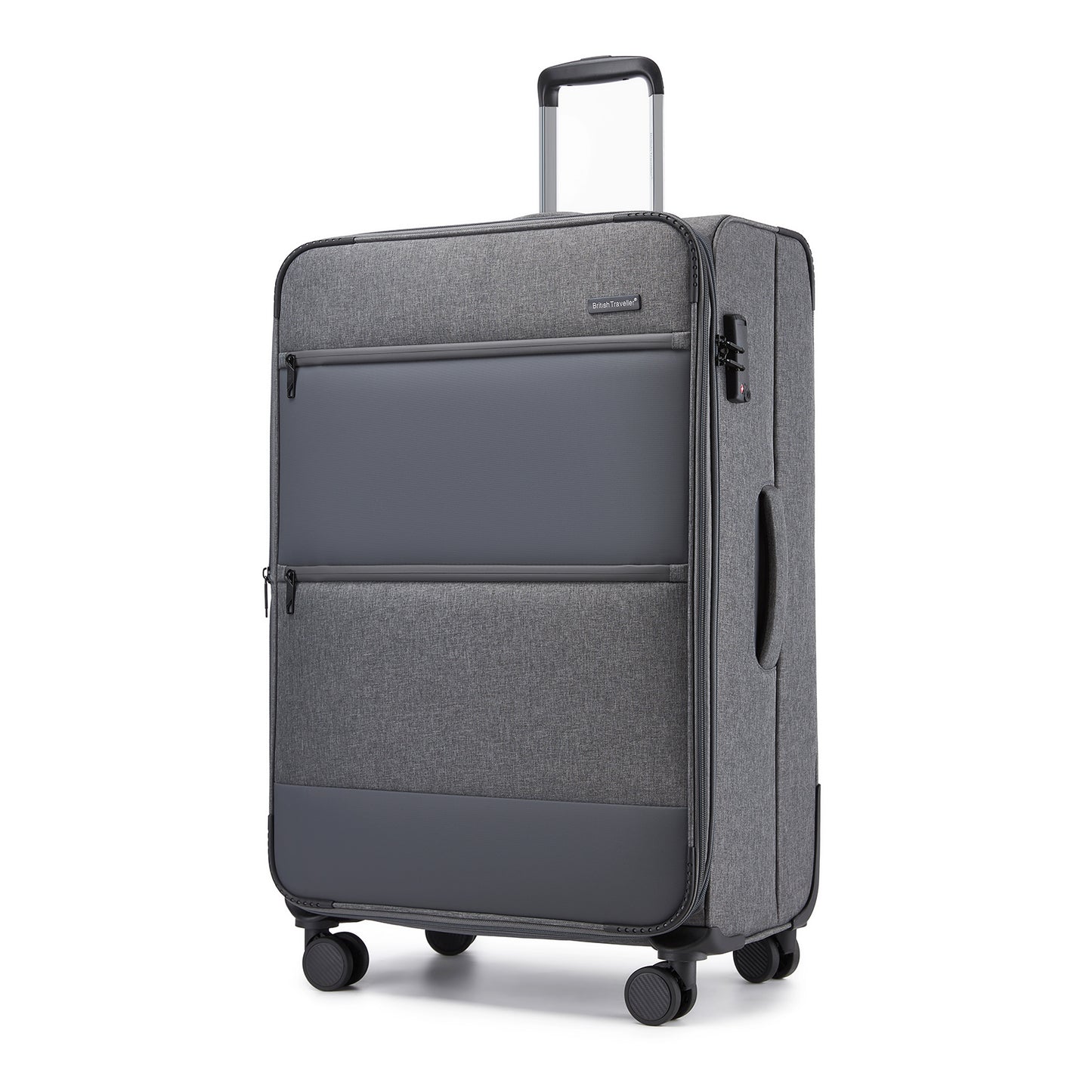 British Traveller Sleek Tough Travel Soft-Shell Suitcase with Silent TPE Spinners, TSA Security and Laptop Sleeve (KSB2597) - Grey