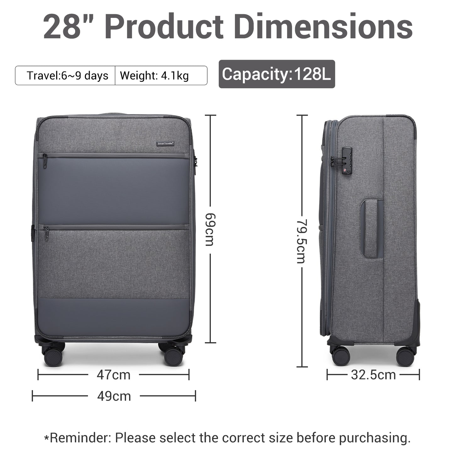 British Traveller Sleek Tough Travel Soft-Shell Suitcase with Silent TPE Spinners, TSA Security and Laptop Sleeve (KSB2597) - Grey