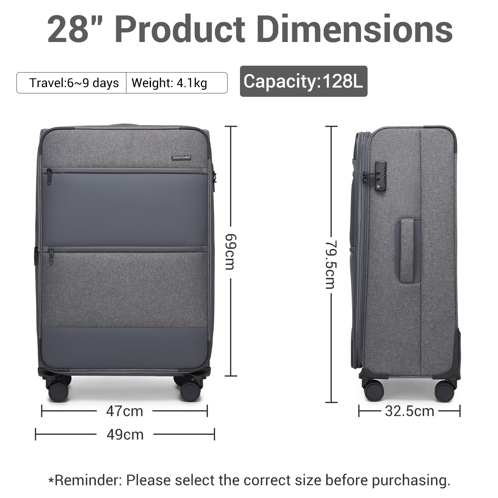 British Traveller Sleek Tough Travel Soft-Shell Suitcase with Silent TPE Spinners, TSA Security and Laptop Sleeve (KSB2597) - Grey