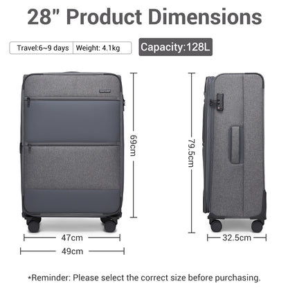 British Traveller Sleek Tough Travel Soft-Shell Suitcase with Silent TPE Spinners, TSA Security and Laptop Sleeve (KSB2597) - Grey