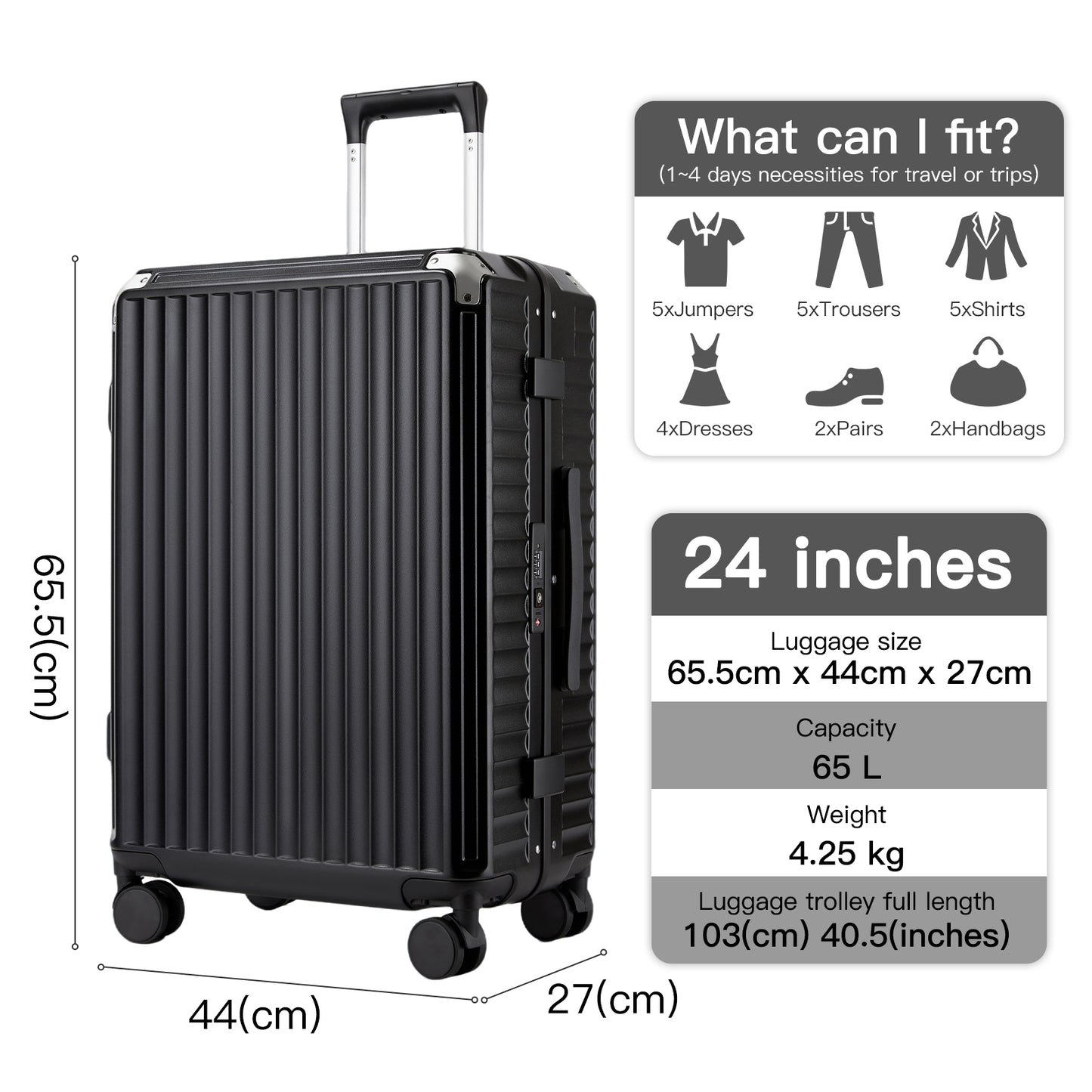 Kono Zipperless Aluminium Frame PC Hard Shell Suitcase – Smart Lock Travel Luggage with Phone Holder & Cup Holder (KSK2693) - Black