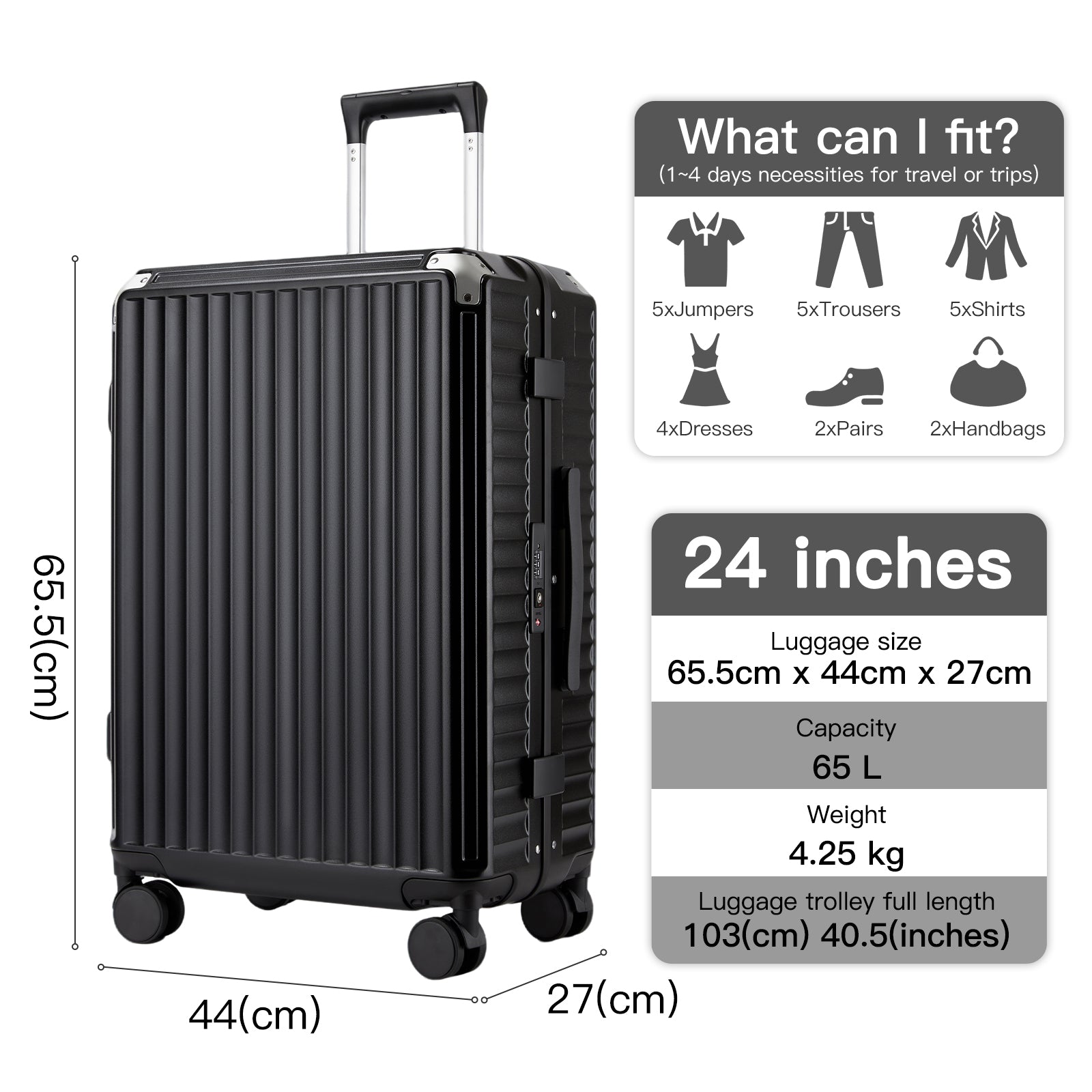 Kono Zipperless Aluminium Frame PC Hard Shell Suitcase – Smart Lock Travel Luggage with Phone Holder & Cup Holder (KSK2693) - Black