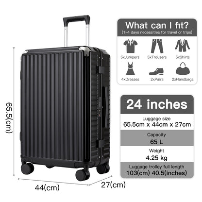 Kono Zipperless Aluminium Frame PC Hard Shell Suitcase – Smart Lock Travel Luggage with Phone Holder & Cup Holder (KSK2693) - Black